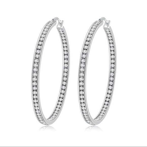 NEW Silver Crystal Large Hoop Earrings - Picture 1 of 10